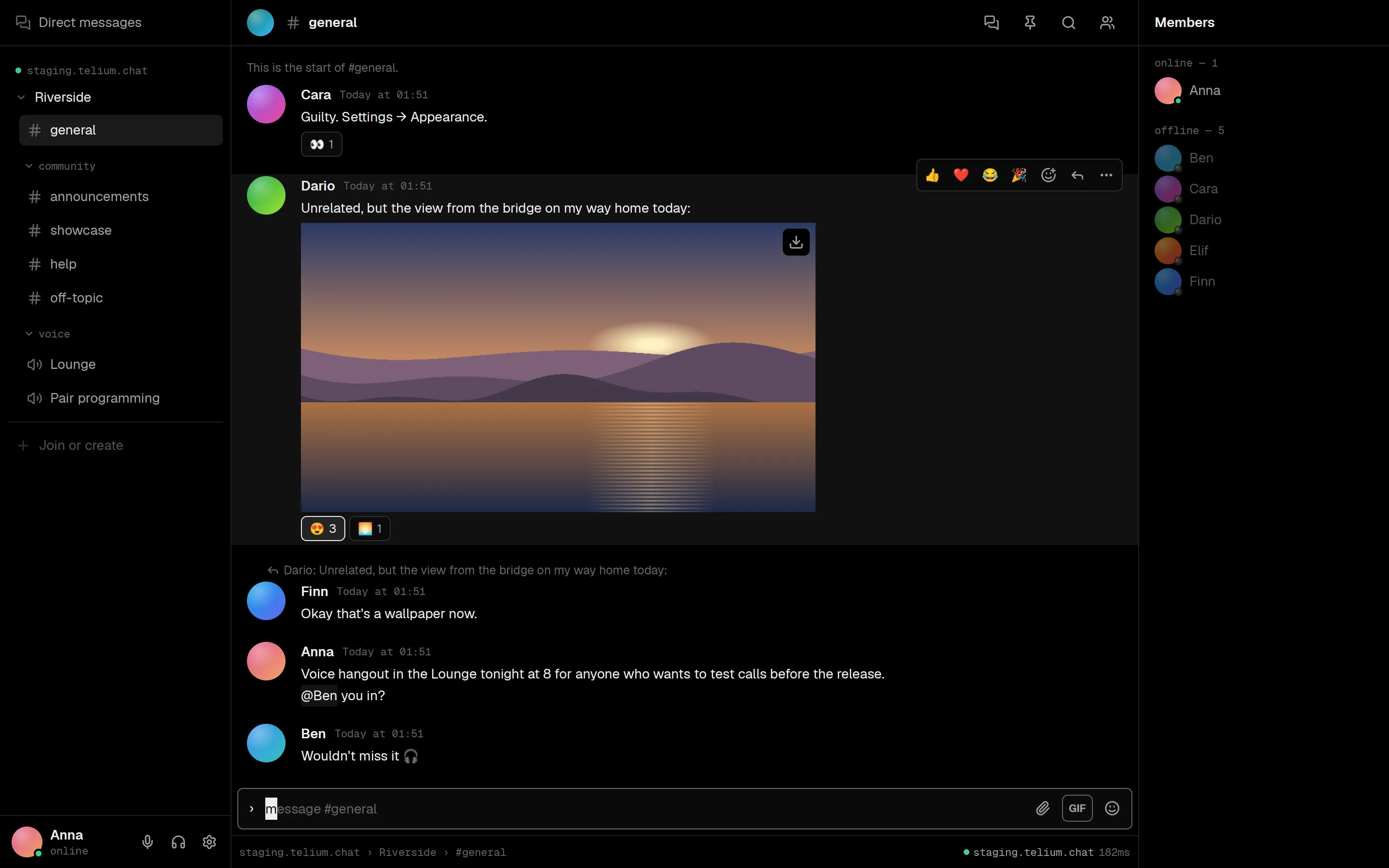 Rhein showing a guild channel with messages, reactions and a picture